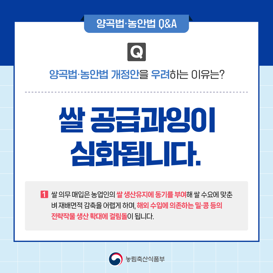 양곡법·농안법 Q&A, Q. 양곡법,농안법 개정안을 우려하는 이유는?쌀 공급과잉이 심화됩니다. 1.쌀 의무매입은 농업인의 쌀 생산유지에 동기를 부여해 쌀 수요에 맞춘 벼 재배면적 감축을 어렵게 하며, 해외 수입에 의존하는 밀,콩 등의 전략작물 생산 확대에 걸림돌이 됩니다.