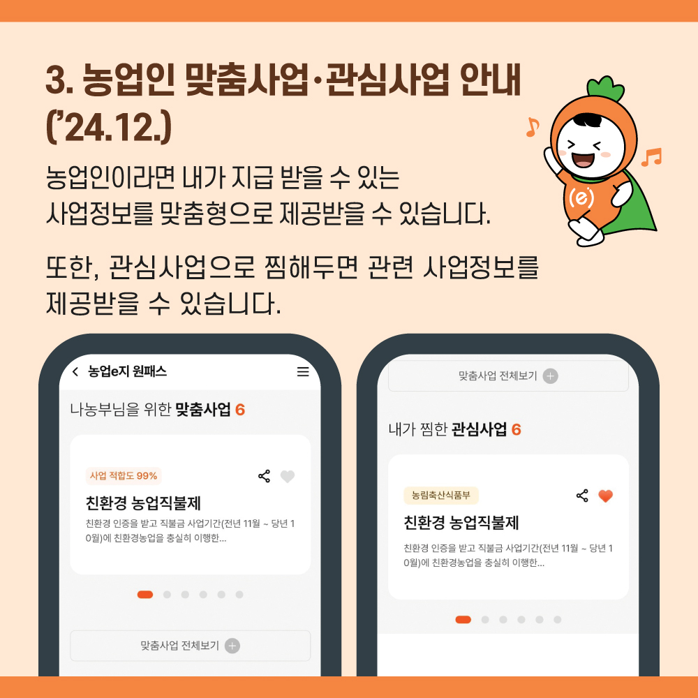 3. 농업인 맞춤사업 관심사업 안내 ("24.12.) 농업인이라면 내가 지금 받을 수 있는 사업정보를 맞춤형으로 제공받을 수 있습니다. 또한, 관심사업으로 찜해두면 관련 사업정보를 제공받을 수 있습니다.