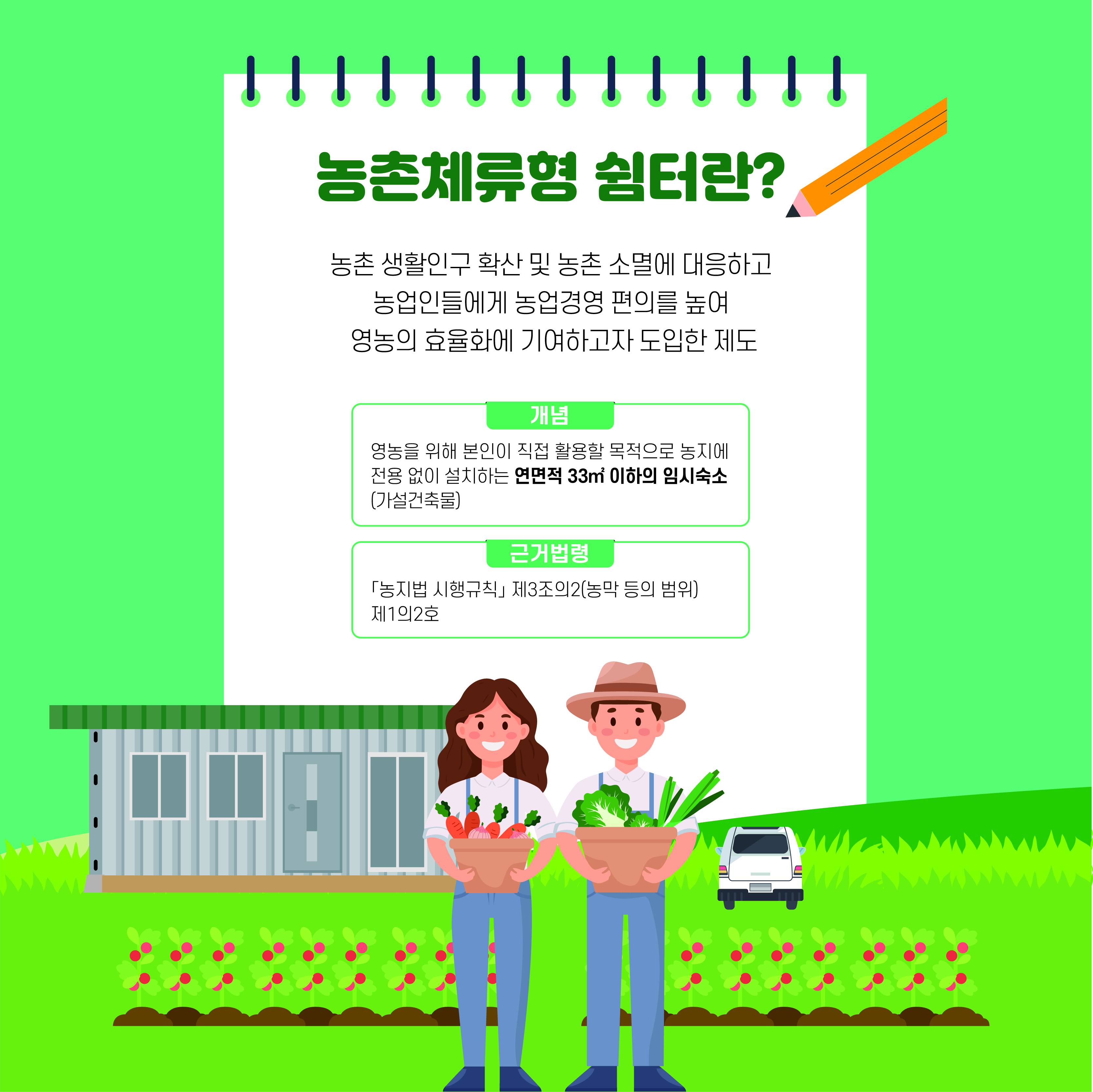 농촌체류형 쉼터란? 농촌 생활인구 확산 및 농촌 소멸에 대응하고 농업인들에게 농업경영 편의를 높여 영농의 효율화에 기여하고자 도입한 제도 개념 영농을 위해 본인이 직접 활용할 목정으로 농지에 전용 없이 설치하는 연면적 33m2 이하의 임시숙소(가설건축물) 근거법령 농지법 시행규칙 제3조의2(농막 등의 범위) 제1의2호