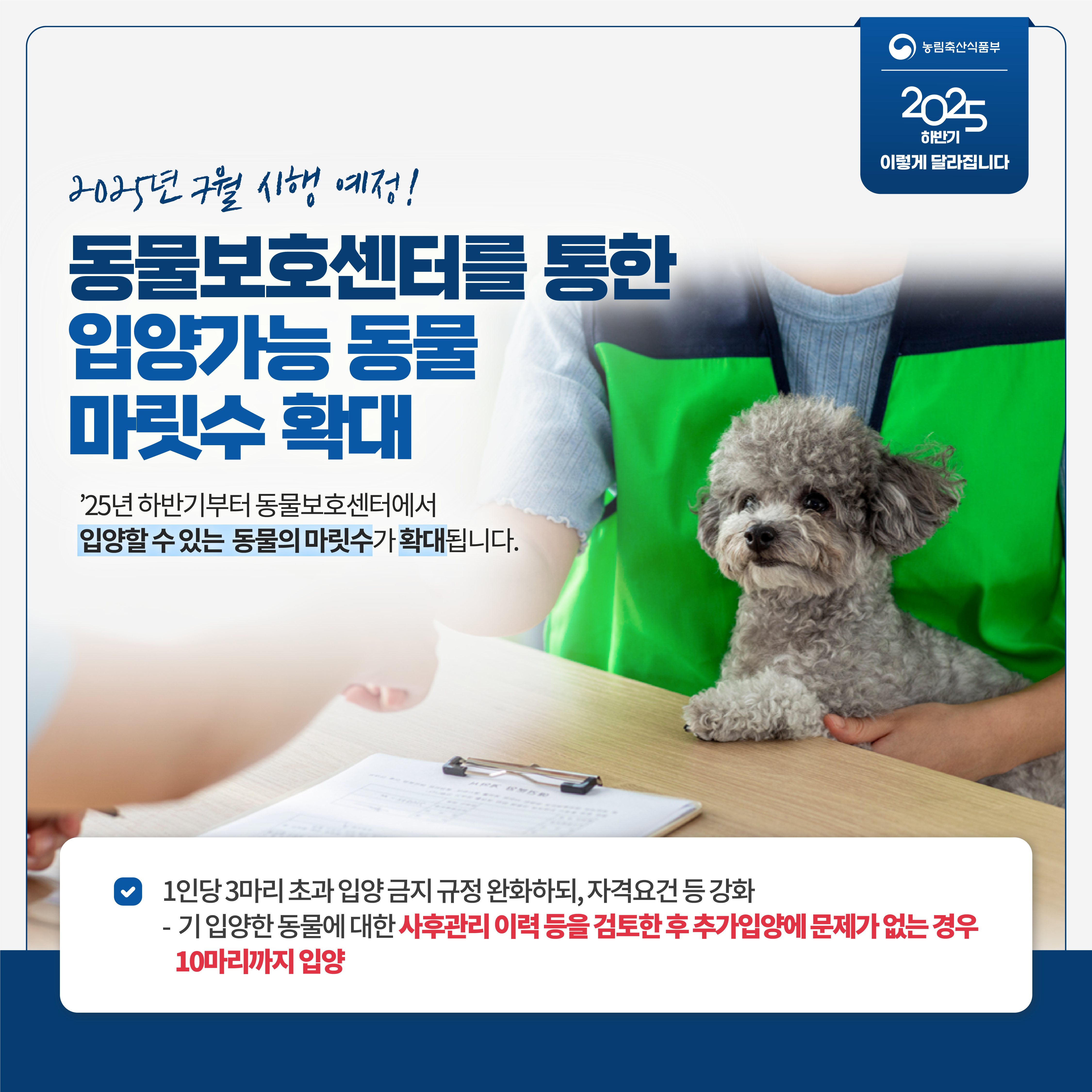 농림축산식품부 2025 하반기 이렇게 달라집니다 2025년 7월 시행 예정! 동물보호센터를 통한 입양가능 동물 마릿수 확대 '25년 하반기부터 동물보호센터에서 입양할 수 있는 동물의 마릿수가 확대됩니다. 1인당 3마리 초과 입양 금지 규정 완화하되, 자격요건 등 강화 -기 입양한 동물에 대한 사후관리 이력 등을 검토한 후 추가입양에 문제가 없는 경우 10마리까지 입양