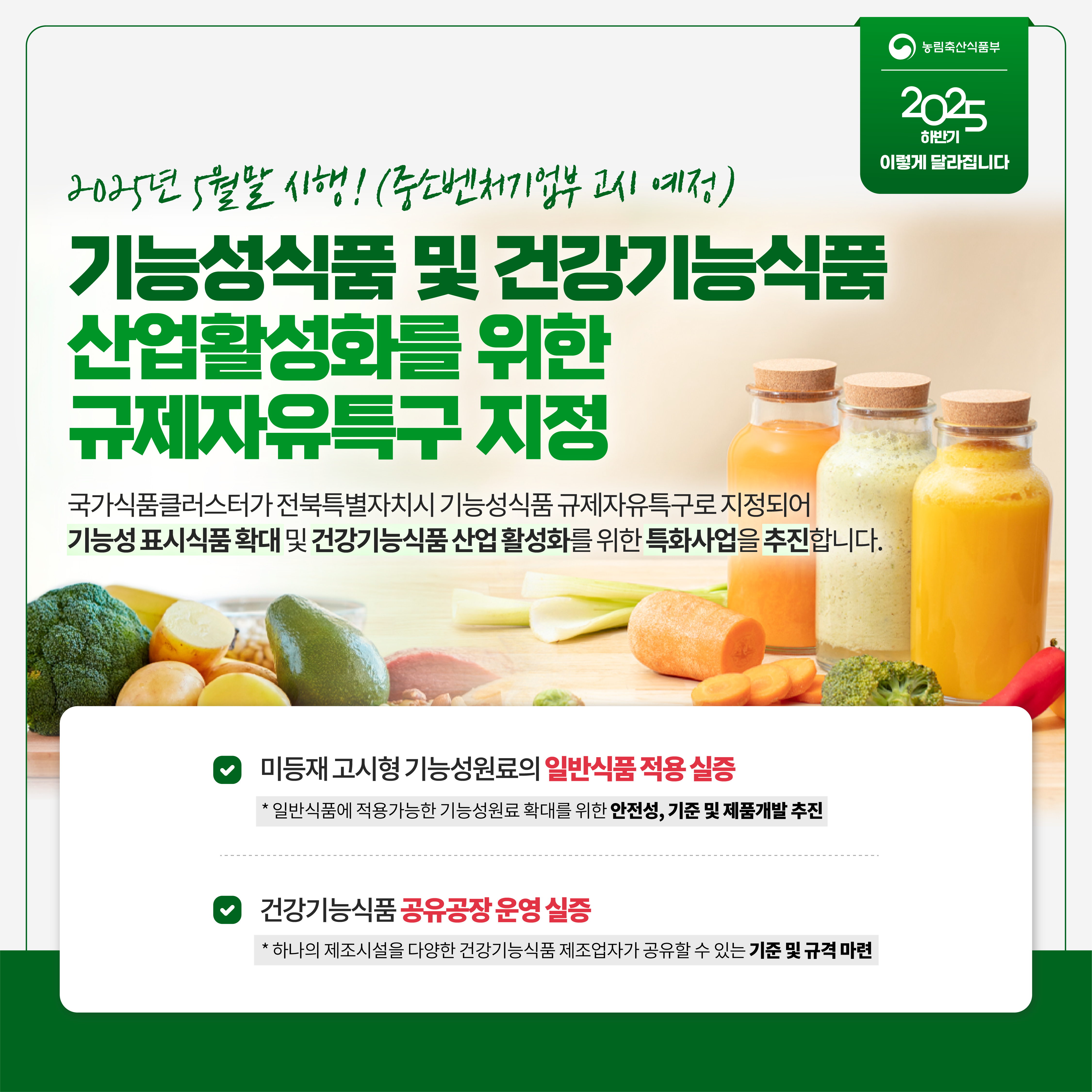 농림축산식품부 2025 하반기 이렇게 달라집니다 2025년 5월말 시행! (중소벤처기업부 고시 예정) 기능성식품 및 건강기능식품 산업활성화를 위한 규제자유특구 지정 국가식품클러스터가 전북특별자치시 기능성식품 규제자유특구로 지정되어 기능성 표시식품 확대 및 건강기능식품 산업 활성화를 위한 특화산업을 추진합니다. 미등재 고시형 기능성원료의 일반식품 적용 실증 *일반식품에 적용가능한 기능성원료 확대를 위한 안전성, 기준 및 제품개발 추진 건강기능식품 공유공장 운영 실증 * 하나의 제조시설을 다양한 건강기능식품 제조업자가 공유할 수 있는 기준 및 구격 마련