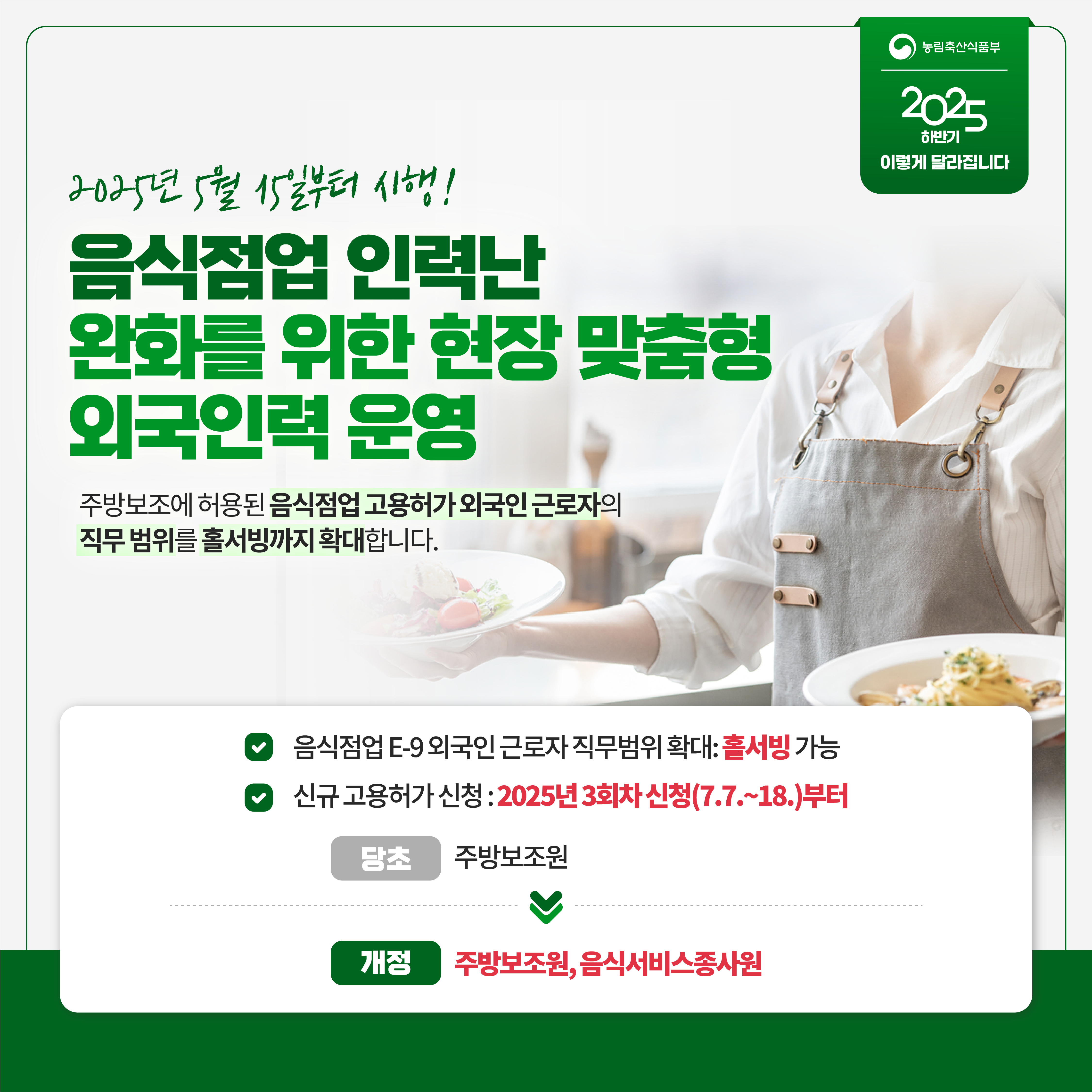 농림축산식품부 2025 하반기 이렇게 달라집니다 2025년 5월 15일부터 시행! 음식점업 인력난 완화를 위한 현장 맞춤형 외국인력 운영 주방보조에 허용된 음식점업 고용허가 외국인 근로자의 직무 범위를 홀서빙까지 확대합니다. 음식점업 E-9 외국인 근로자 직무범위 확대: 홀서빙 가능 신규 고용허가 신청: 2025년 3회차 신청(7.7.~`8.)부터 당초 주방보조원 개정 주방보조원, 음식서비스종사원