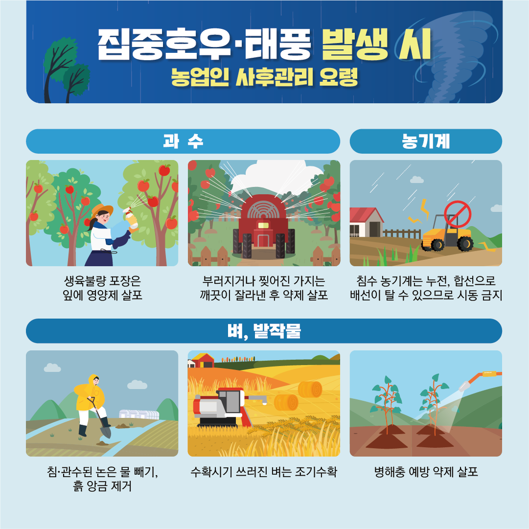 집중호우, 태풍 발생 시 농업인 사후관리 요령,   과수 : 생육불량 포장은 잎에 영양제 살포, 부러지거나 찢어진 가지는 깨끗이 잘라낸 후 약제 살포,   농기계 : 침수 농기계는 누전, 합선으로 배선이 탈 수 있으므로 시동 금지  벼, 밭작물 : 침,관수된 논은 물 빼기, 흙 앙금 제거, 수확시기 쓰러진 벼는 조기 수확, 병해충 예방 약제 살포