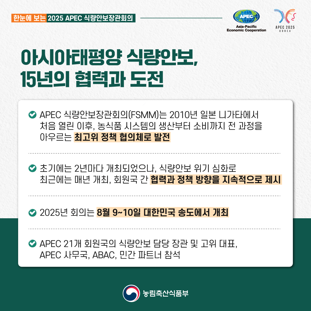 한눈에 보는 2025년 APEC 아시아태평양 경제협력체 식량안보장관회의 아시아태평양 식량안보, 15년의 협력과 도전  APEC 식량안보장관회의(FSMM)는 202년 일본 니가타에서 처음 열린 이후, 농식품 시스템의 생산부터 소비까지 전 과정을 아우르는 최고위 정책 협의체로 발전  초기에는 2년마다 개최되었으나, 식량안보 위기 심화로 최근에는 매년 개최, 회원국 간 협력과 정책 방향을 지속적으로 제시  2025년 회의는 8월 9~10일 대한민국 송도에서 개최  APEC 21개 회원국의 식량안보 담당 장관 및 고위 대표, APEC 사무국, ABAC, 민간 파트너 참석