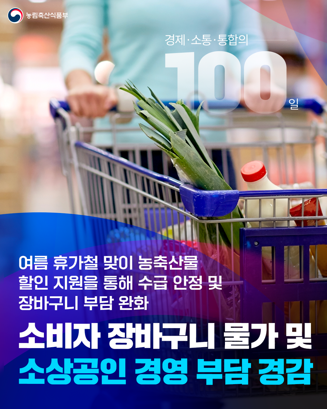 농림축산식품부 경제·소통·통합의 100일 여름 휴가철 맞이 농축산물 할인 지원을 통해 수급 안정 및 장바구니 부담을 완화 소비자 장바구니 물가 및 소상공인 경영 부담 경감