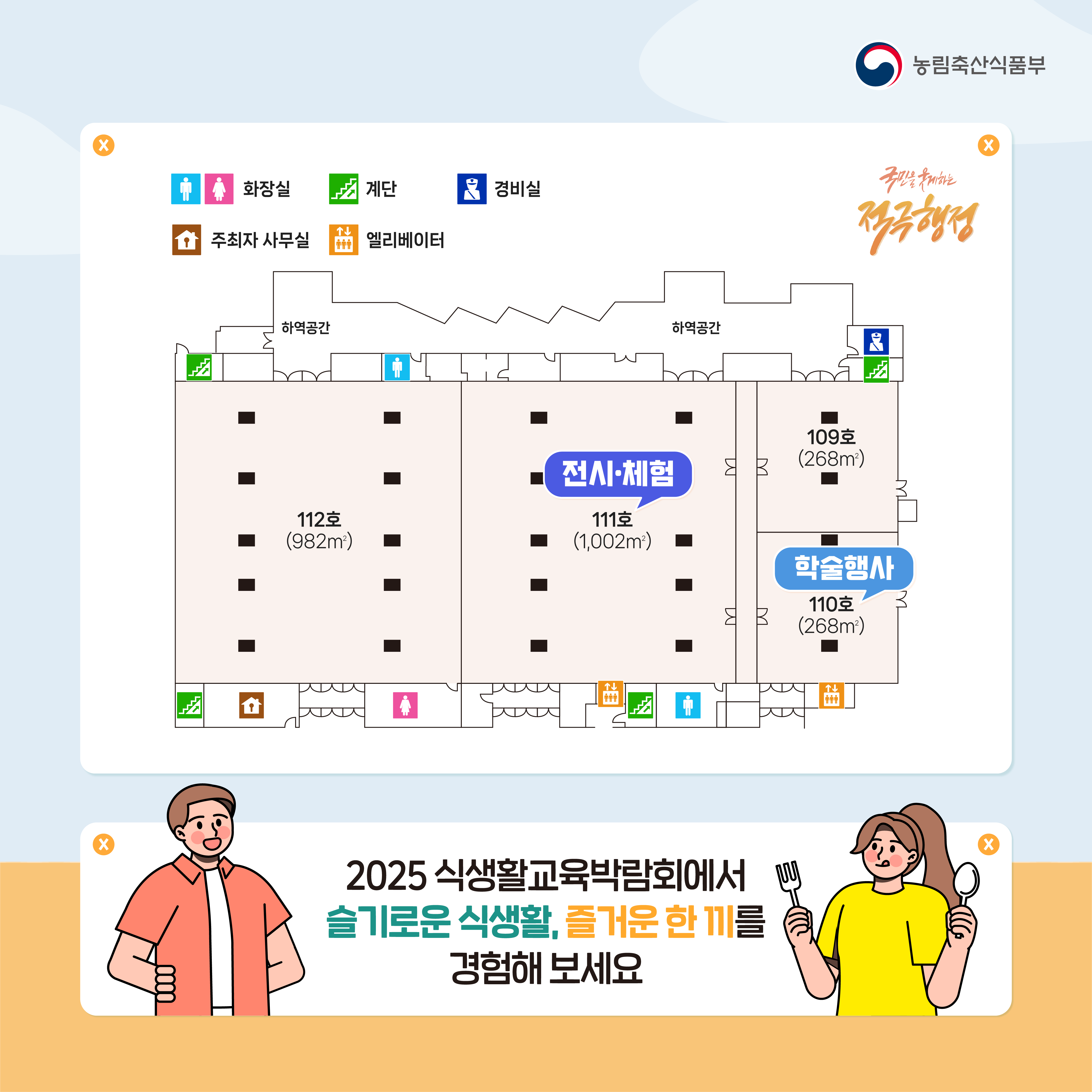 [박람회 도면] (화장실),(계단),(경비실),(주최자 사무실),(엘리베이터) 112호(982㎡) [전시·체험] 111호(1,002㎡) 109호(268㎡) [학술행사]110호(268㎡)  2025 식생활교육박람회에서 슬기로운 식생활, 즐거운 한끼를 경험해 보세요