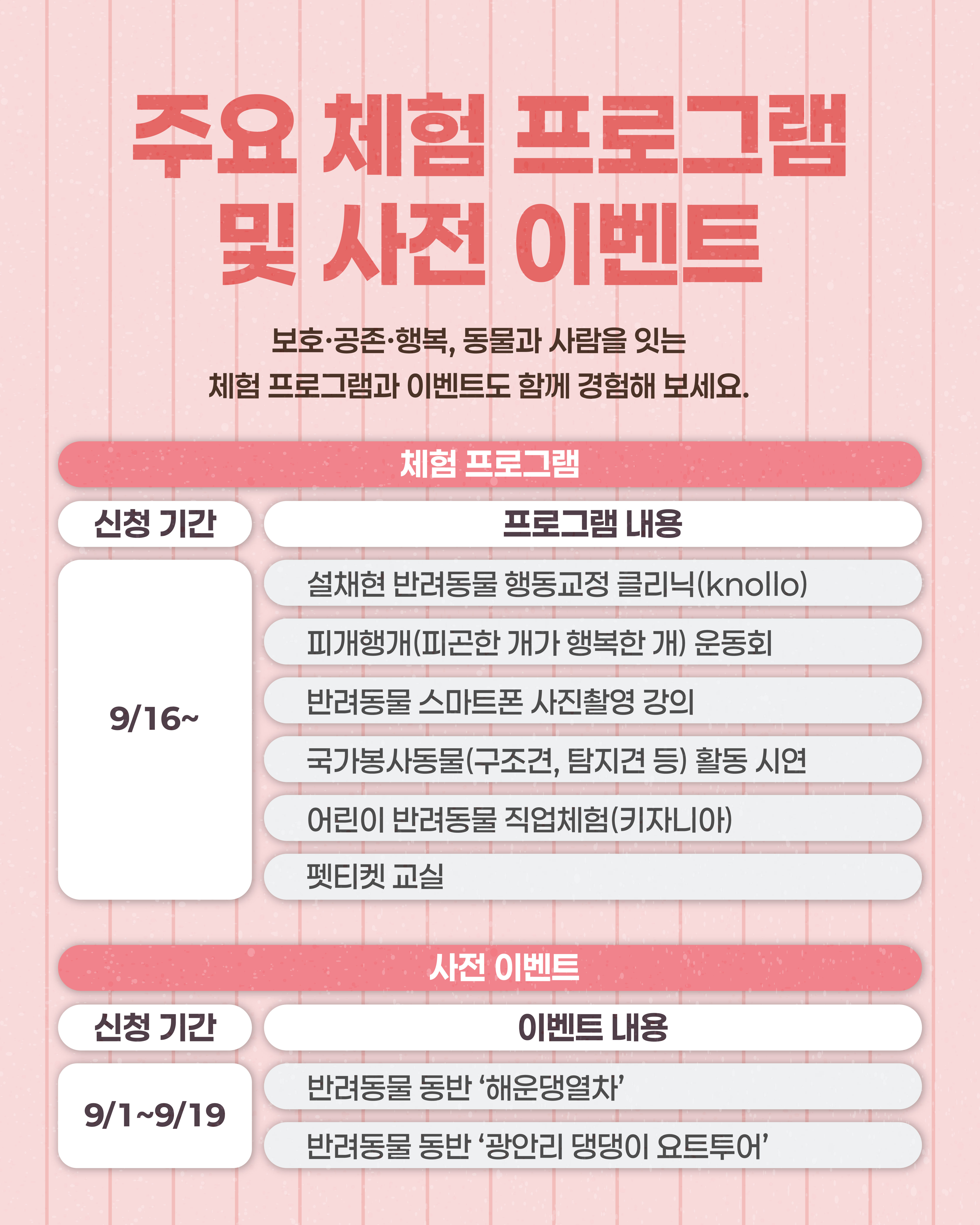 주요 체험 프로그램 및 사전 이벤트 보호·공존·행복, 동물과 사람을 잇는 체험 프로그램과 이벤트도 함께 경험해 보세요.  [체험 프로그램] (신청기간) 9/16~ (프로그램 내용)  - 설채현 반려동물 행동교정 클리닉(knollo) - 피개행개(피곤한 개가 행복한 개) 운동회 - 반려동물 스마트폰 사진촬영 강의 - 국가봉사동물(구조견, 탐지견 등) 활동 시연 - 어린이 반려동물 직업체험(키자니아) - 펫티켓 교실  [사전 이벤트] (신청기간) 9/1~9/19 (이벤트 내용) - 반려동물 동반 '해운댕열차' - 반려동물 동반 '광안리 댕댕이 요트투어'